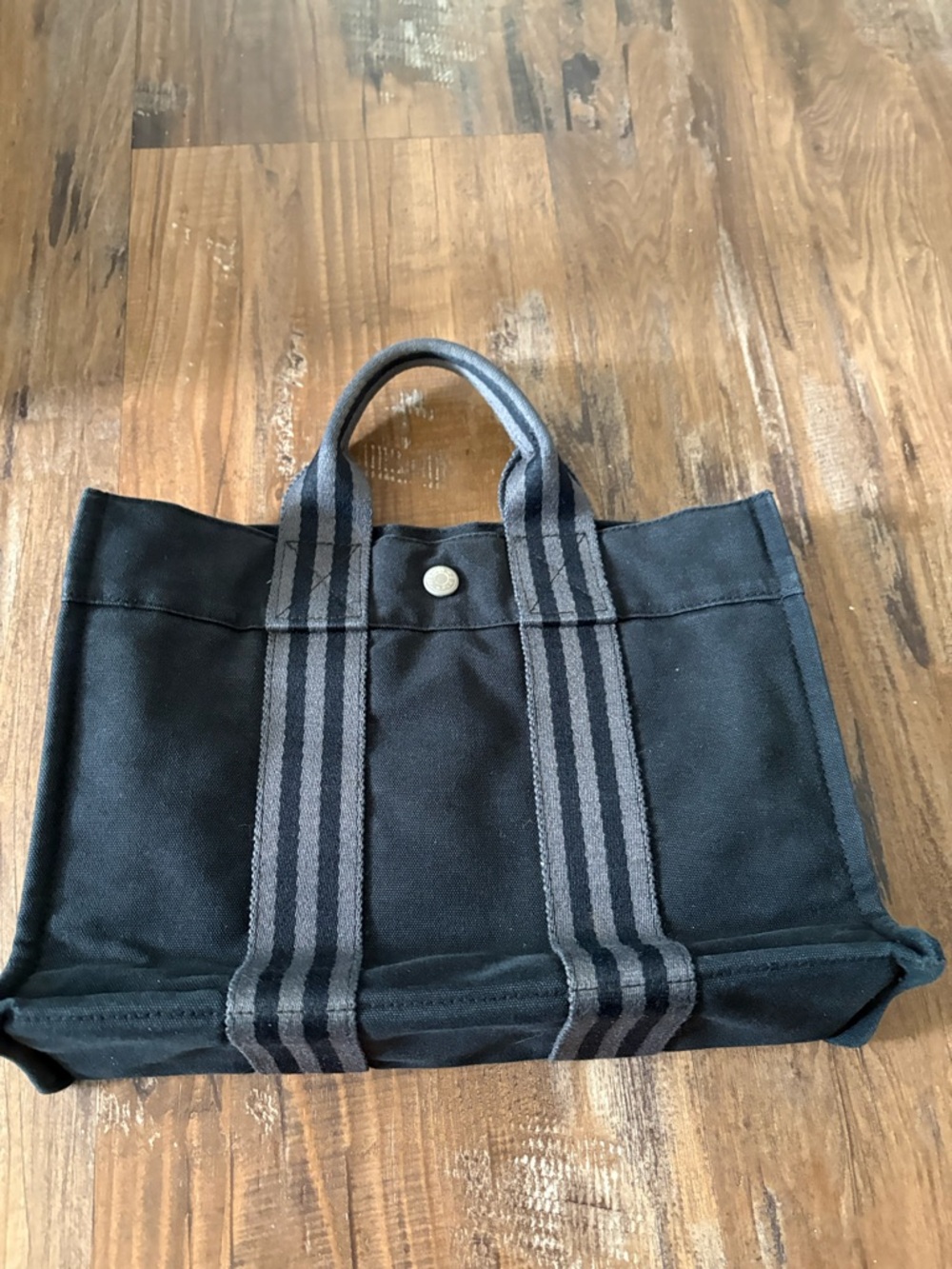 Hermes Black Canvas Tote with Gray Striped Handles